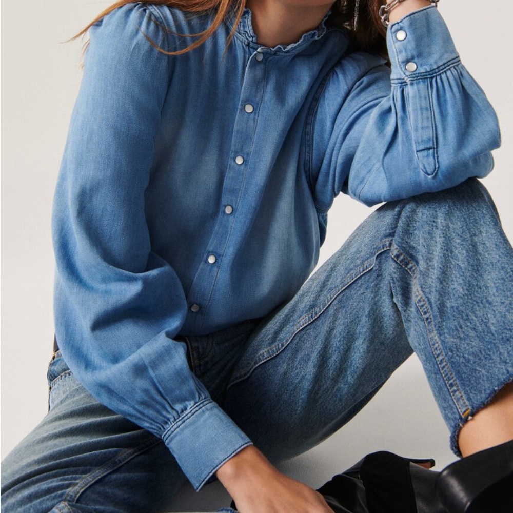 ba&sh Light Blue Ruffle Denim Top - Picture 2 of 9